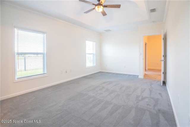 unfurnished room featuring a tray ceiling, a wealth of natural light, carpet floors, and ornamental molding