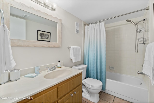 full bathroom with toilet, vanity, tile patterned floors, and shower / tub combo with curtain