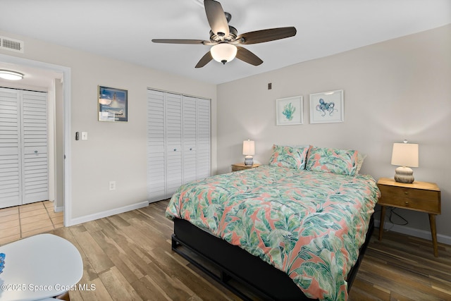 bedroom featuring ceiling fan, wood-type flooring, and a closet