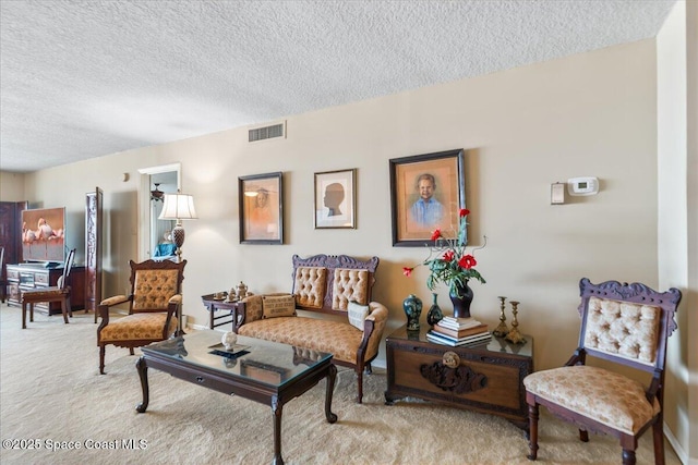 sitting room with light carpet and a textured ceiling