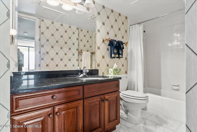 full bathroom with toilet, vanity, and shower / bathtub combination with curtain