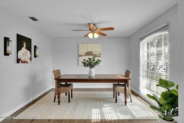 dining room featuring ceiling fan and hardwood / wood-style floors