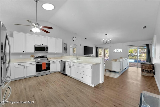 kitchen featuring white cabinetry, appliances with stainless steel finishes, sink, and kitchen peninsula