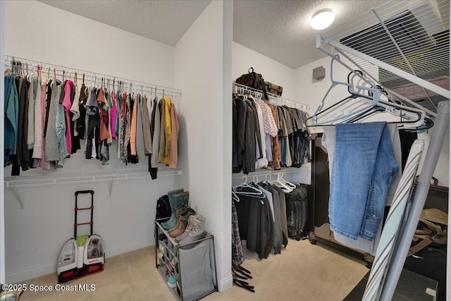 walk in closet featuring light carpet