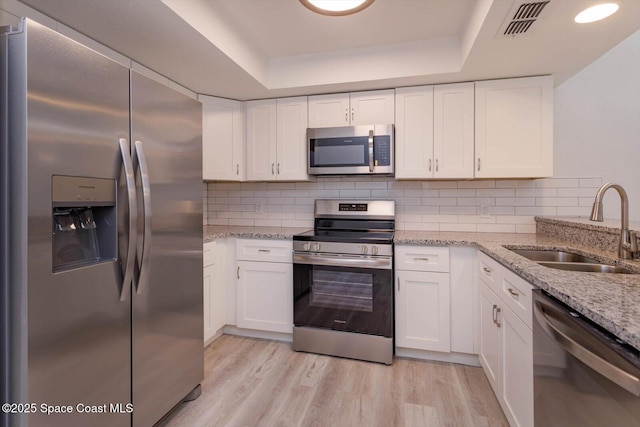 kitchen with white cabinetry, appliances with stainless steel finishes, a tray ceiling, and sink