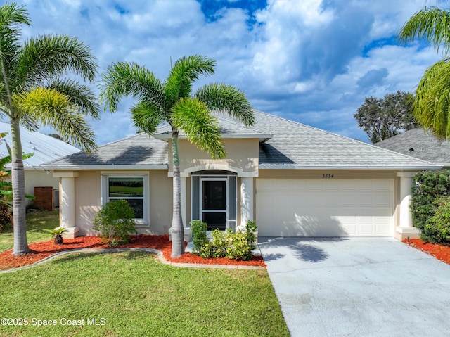 view of front of property with a garage and a front yard