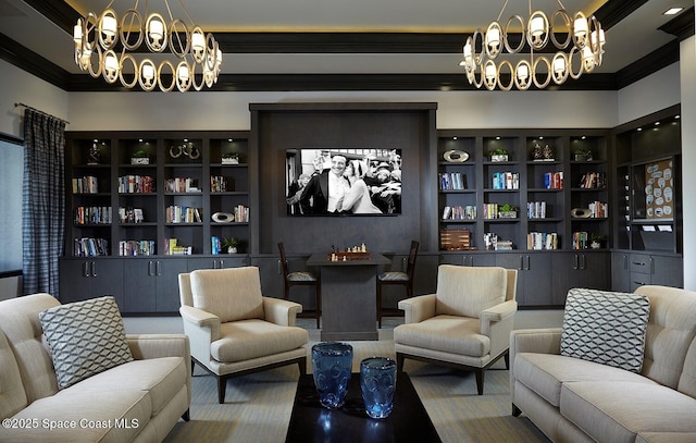 living area with crown molding and a chandelier