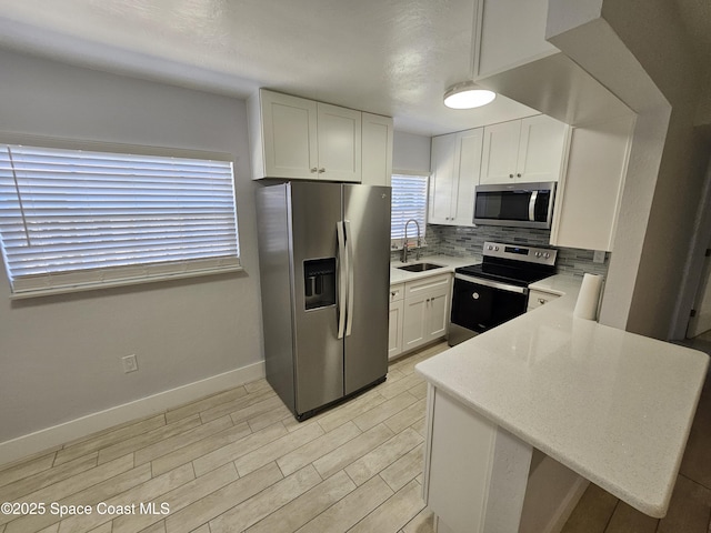 kitchen featuring sink, appliances with stainless steel finishes, backsplash, white cabinets, and kitchen peninsula