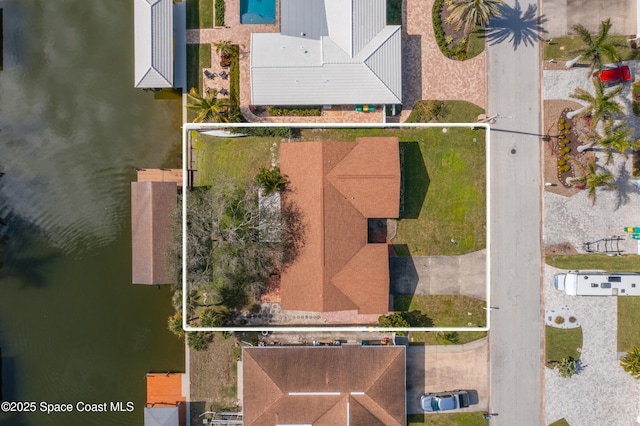 aerial view featuring a water view