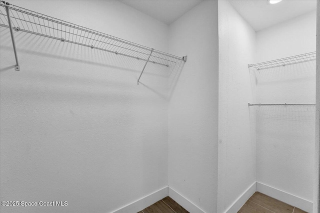 walk in closet with dark wood-type flooring