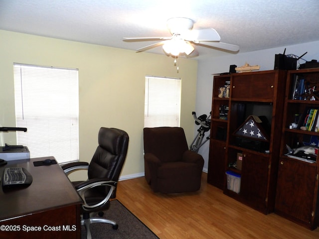 office space featuring ceiling fan and light hardwood / wood-style flooring