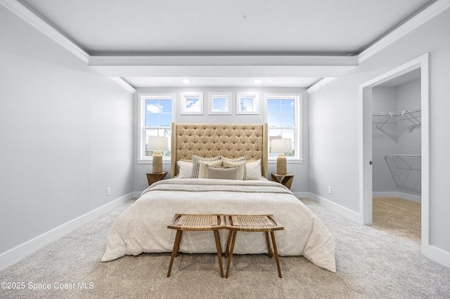 carpeted bedroom with multiple windows, a walk in closet, and ornamental molding