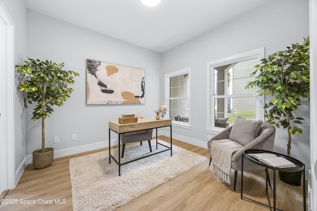 home office with light hardwood / wood-style floors