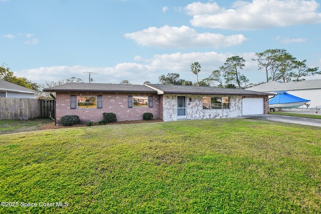 single story home featuring a garage and a front lawn