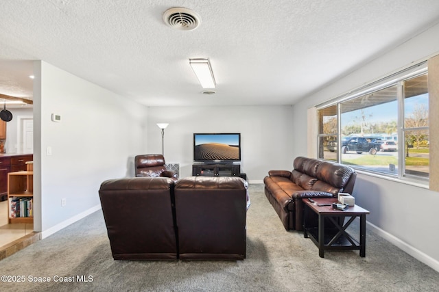 living room featuring carpet floors and a textured ceiling