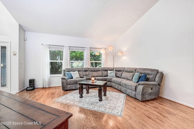 living room with light hardwood / wood-style flooring and vaulted ceiling