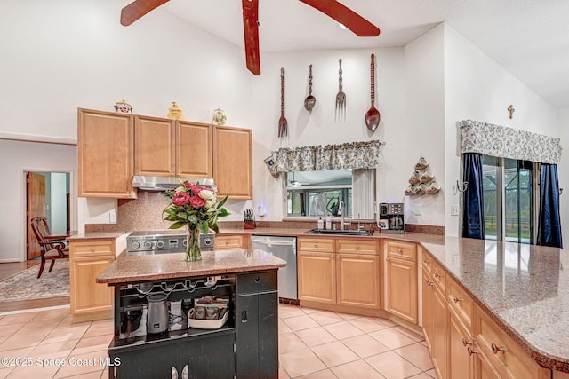 kitchen with high vaulted ceiling, sink, stainless steel dishwasher, and kitchen peninsula