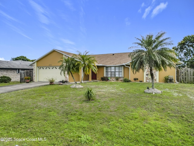 single story home featuring a garage and a front lawn