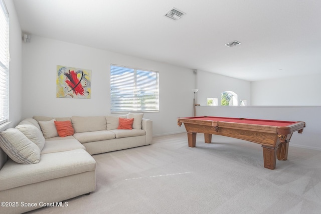 rec room featuring pool table and light colored carpet