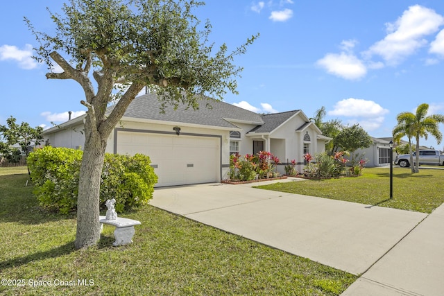 ranch-style house with a garage and a front yard