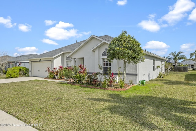 ranch-style house featuring a garage and a front yard