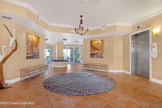 hall with crown molding, elevator, and tile patterned floors