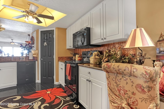 kitchen with tasteful backsplash, white cabinets, a textured ceiling, and black appliances