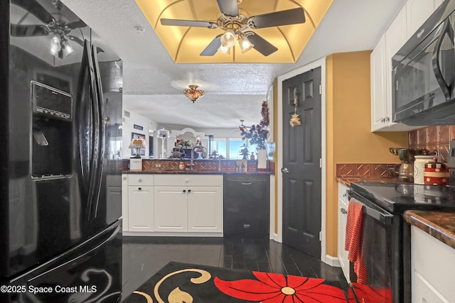 kitchen with white cabinetry, ceiling fan, black appliances, and a textured ceiling