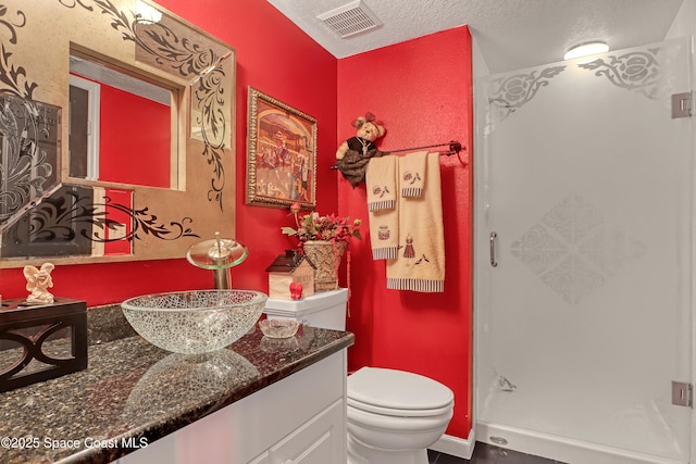 bathroom with vanity, a textured ceiling, and toilet