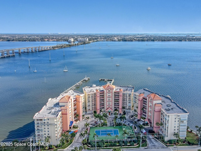 aerial view featuring a water view