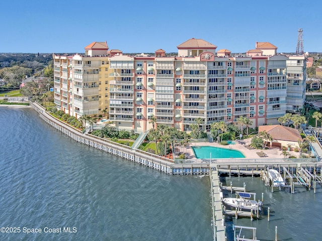 exterior space with a water view