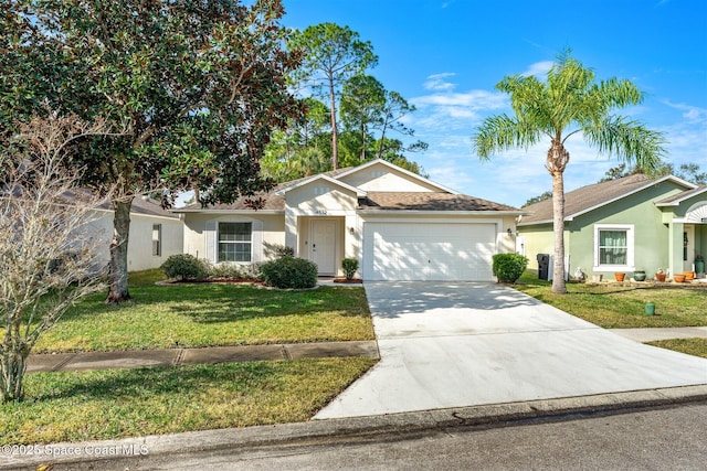 ranch-style home with a garage and a front lawn