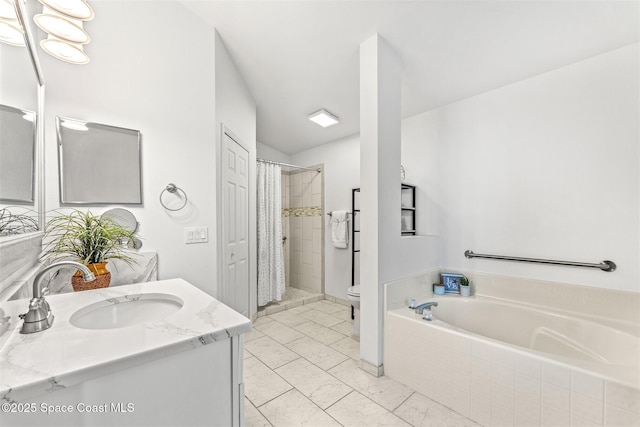 full bathroom featuring vaulted ceiling, vanity, plus walk in shower, and toilet