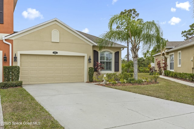 single story home featuring a garage and a front lawn