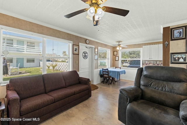 living room featuring crown molding and ceiling fan