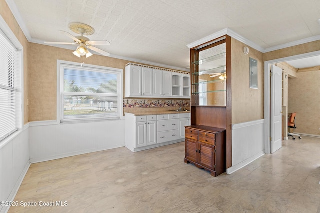 kitchen featuring a ceiling fan, white cabinetry, a wainscoted wall, glass insert cabinets, and a sink