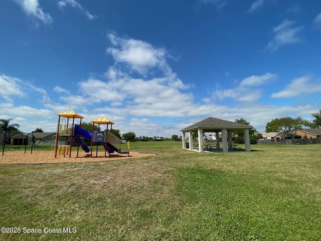 view of play area with a gazebo and a yard