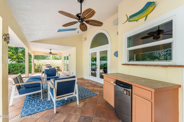 view of patio with area for grilling, an outdoor hangout area, french doors, and ceiling fan