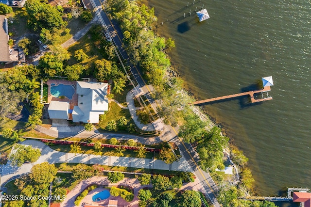 bird's eye view with a water view