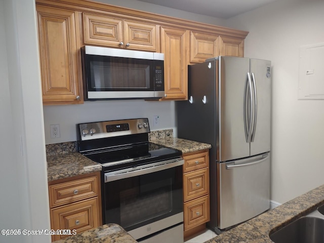 kitchen with stainless steel appliances, electric panel, and dark stone countertops