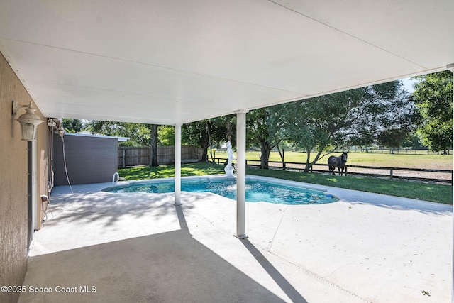 view of pool with a fenced in pool, a patio, a fenced backyard, and a lawn