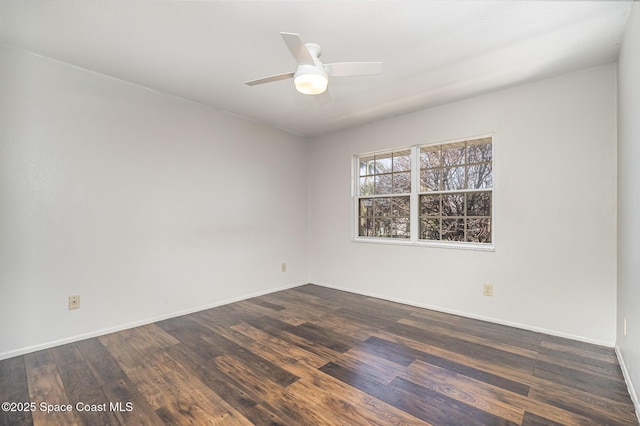 unfurnished room featuring ceiling fan and dark hardwood / wood-style floors