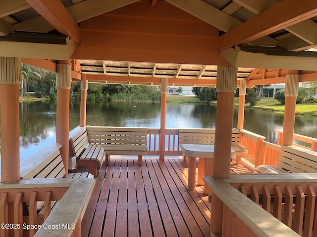 dock area featuring a gazebo and a water view