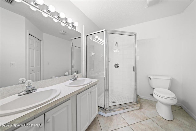 bathroom featuring vanity, walk in shower, toilet, tile patterned floors, and a textured ceiling