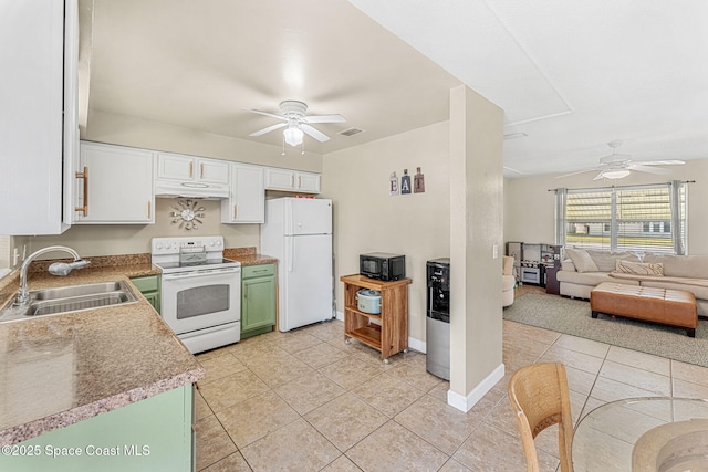 kitchen featuring white cabinetry, sink, green cabinets, ceiling fan, and white appliances