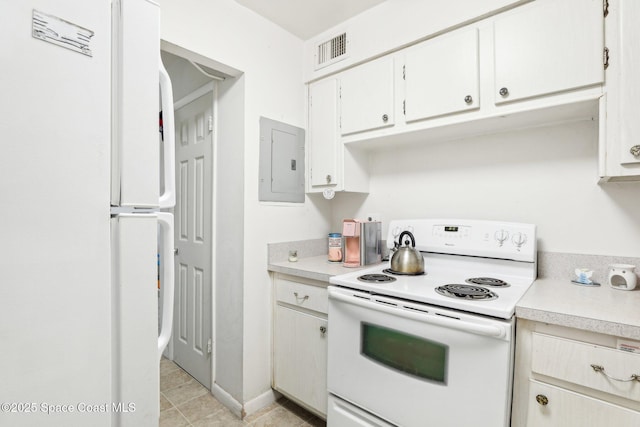 kitchen with white cabinetry, white appliances, and electric panel