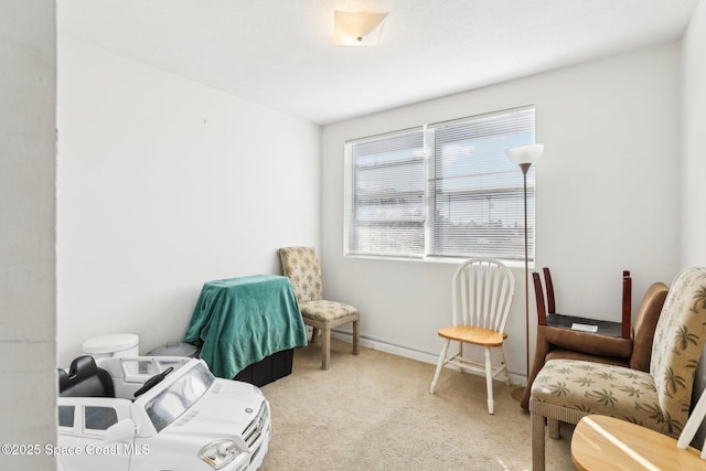 sitting room featuring light carpet