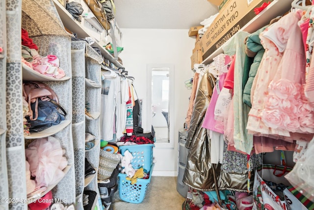 walk in closet featuring carpet floors