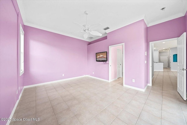 empty room featuring ornamental molding, light tile patterned floors, and ceiling fan