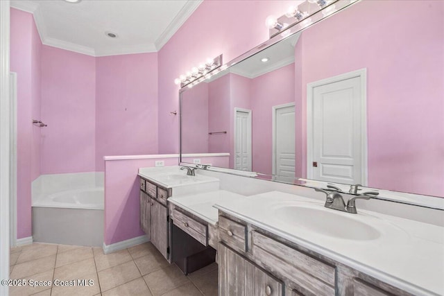 bathroom with vanity, tile patterned flooring, a bathtub, and crown molding